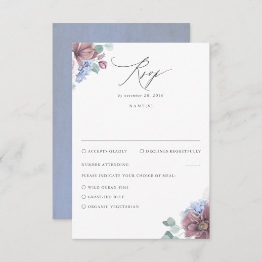 Mauve en Dusty Blue Floral bruiloft RSVP (Voorkant / Achterkant)