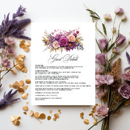 Mauve en Gold Floral bruiloft Gast Details Informatiekaartje