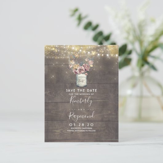 Mauve en Gold Floral Mason Jar Save the Date Aankondigingskaart (Staand voorkant)
