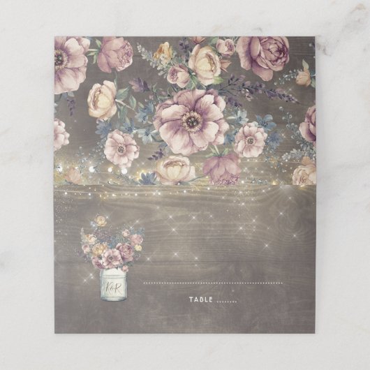 Mauve en Goud Bloemen Mason Jar Rustieke Bruiloft Plaatskaartje (Buitenkant ongevouwen)
