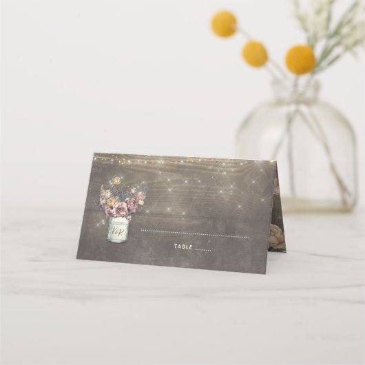 Mauve en Goud Bloemen Mason Jar Rustieke Bruiloft Plaatskaartje (Voorkant)