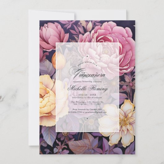 Mauve en goud bloemenquinceañera kaart (Voorkant)