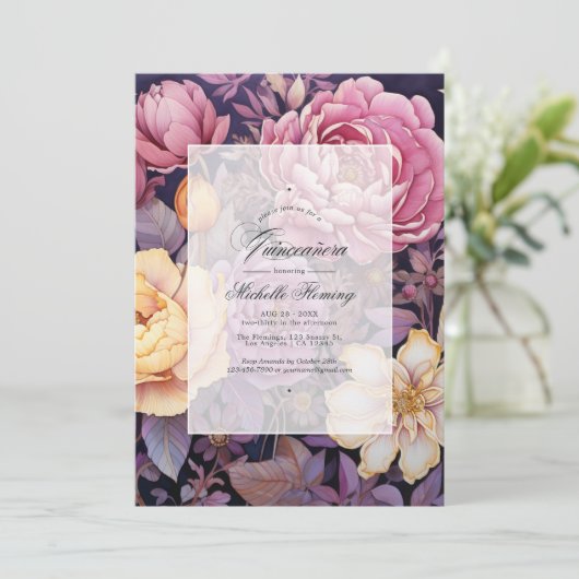 Mauve en goud bloemenquinceañera kaart (Staand voorkant)