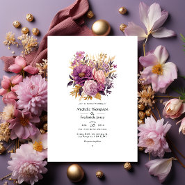 Mauve en Gouden Bloemen Bruiloft Kaart