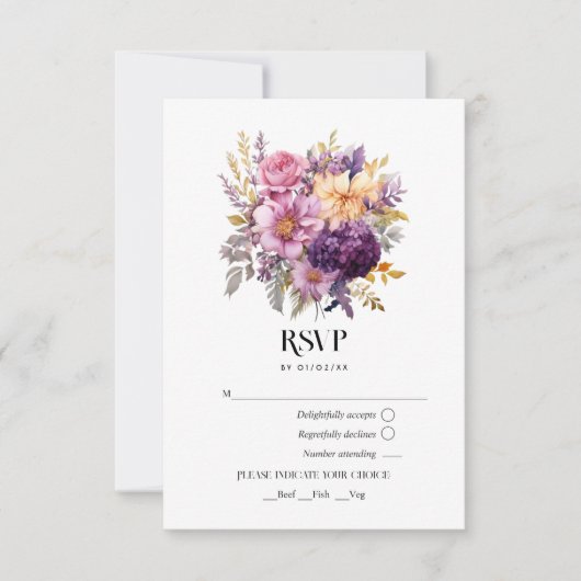 Mauve en gouden bloemen bruiloft RSVP kaartje (Voorkant)