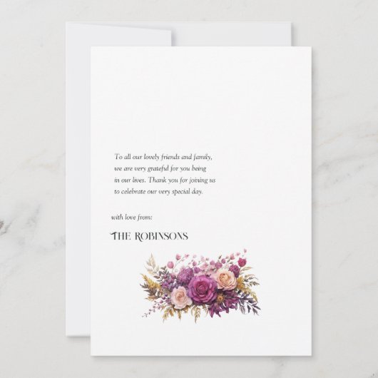 Mauve en gouden bloemenbruiloft bedankkaart (Achterkant)