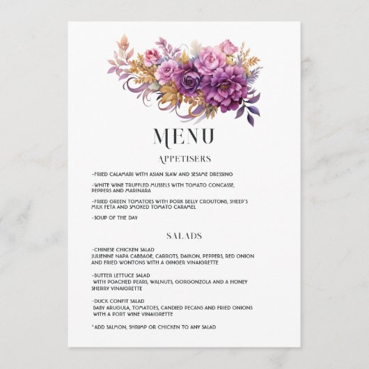 Mauve en gouden bloemenbruiloft menu (Voorkant)
