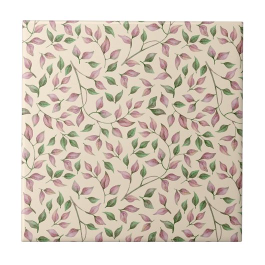 Mauve en Green Leaf Seamless Pattern Ceramic Tile Tegeltje (Voorkant)