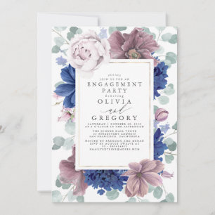 Mauve en marineblauwe bloemen verlovingsfeest kaart