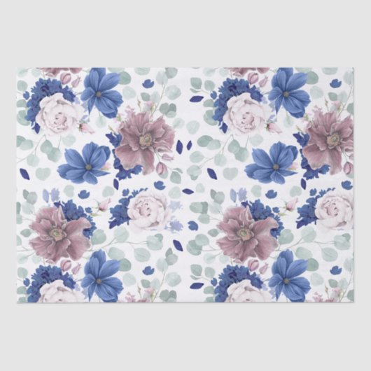 Mauve en Navy Blue Bloemen Botanische Elegantie Tissuepapier (Voorkant)