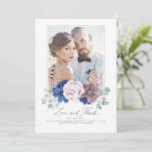 Mauve en Navy Blue Bloemenbruiloft Dank u kaart (Staand voorkant)