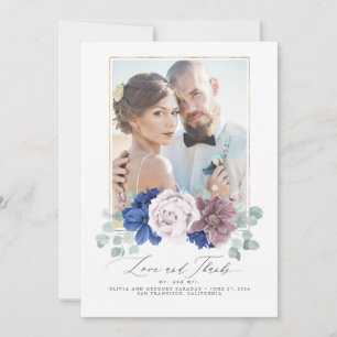 Mauve en Navy Blue Bloemenbruiloft Dank u kaart