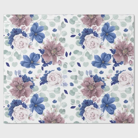 Mauve en Navy Blue Botanische Bloemen Elegant Cadeaupapier (Vlak)