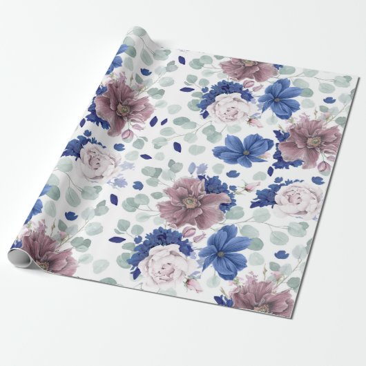 Mauve en Navy Blue Botanische Bloemen Elegant Cadeaupapier (Uitgerold)
