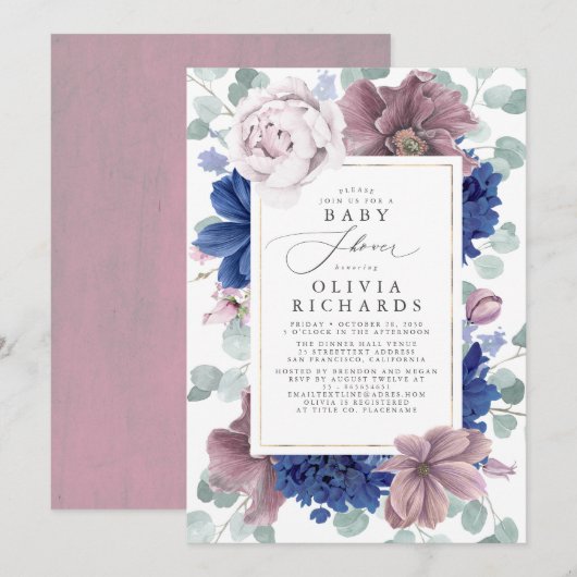 Mauve en Navy Blue Floral Baby shower Invitation Kaart (Voorkant / Achterkant)