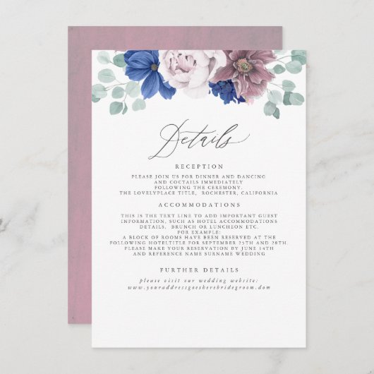 Mauve en Navy Blue Floral bruiloft informatie Informatiekaartje (Voorkant / Achterkant)