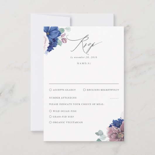 Mauve en Navy Blue Floral bruiloft RSVP (Voorkant)