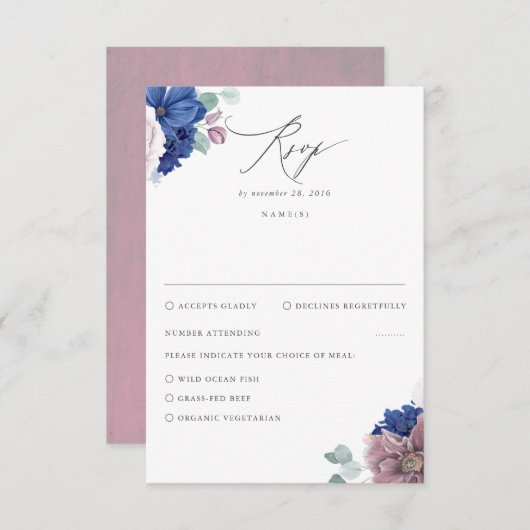 Mauve en Navy Blue Floral bruiloft RSVP (Voorkant / Achterkant)