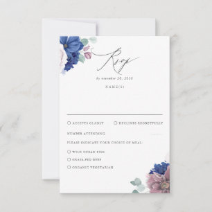Mauve en Navy Blue Floral bruiloft RSVP