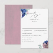 Mauve en Navy Blue Floral bruiloft RSVP Kaartje (Voorkant / Achterkant)