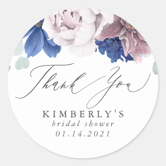 Mauve en Navy Blue Floral Dank u Ronde Sticker (Voorkant)
