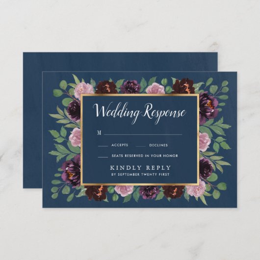Mauve en Navy Blue Gold Plum bruiloft RSVP Kaarten (Voorkant / Achterkant)