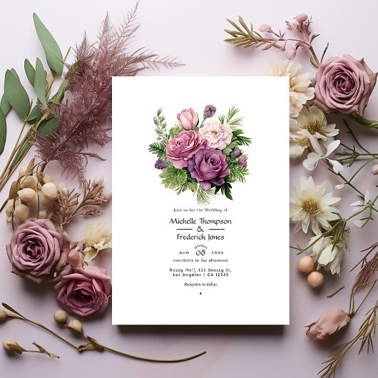 Mauve en Pine Groene Bloemen Zomer Bruiloft Kaart