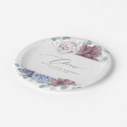 Mauve en stoffig blauwe bloemige elegante botanisc papieren bordje (Gekanteld)