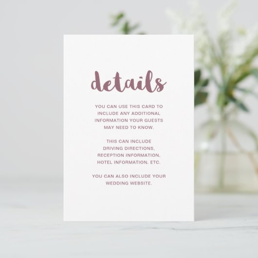 Mauve en White Wedding Guest Details Informatiekaartje (Staand voorkant)