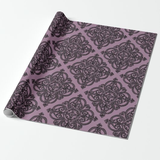 Mauve en zwarte vintage damask patroon cadeaupapier (Uitgerold)