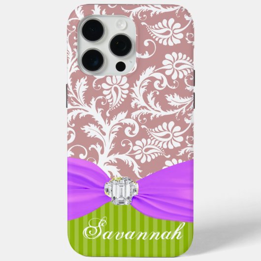 Mauve Faux Rhinstone Gepersonaliseerde Damask Case-Mate iPhone Case (Achterkant)