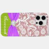 Mauve Faux Rhinstone Gepersonaliseerde Damask Case-Mate iPhone Case (Achterkant (horizontaal))