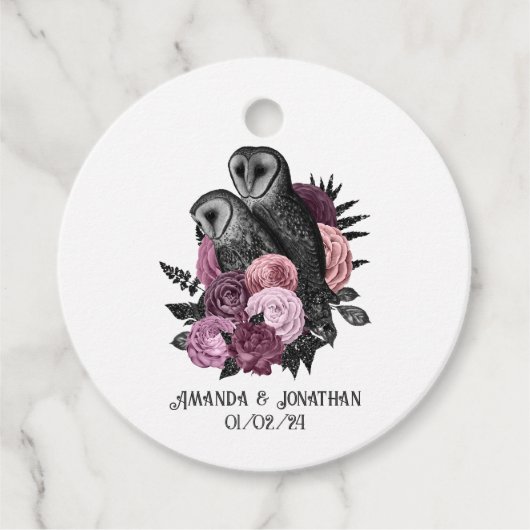 Mauve Floral Glam Gothic Owls Wedding Bedankjes Labels (Voorkant)