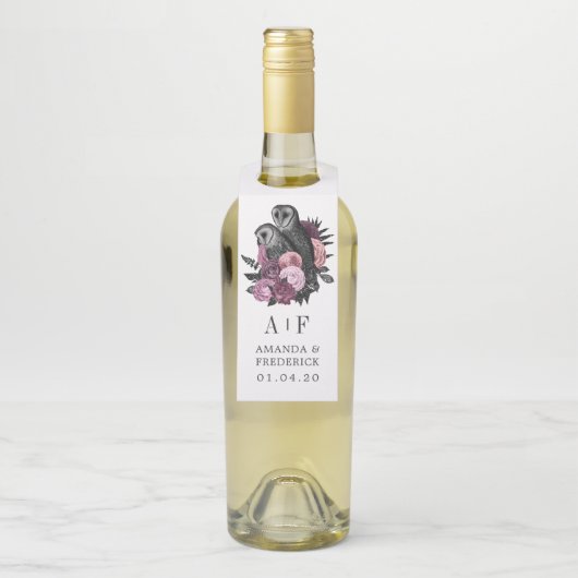 Mauve Floral Glam Gothic Owls Wedding Bottle Hange Flessenhanger (Op fles)