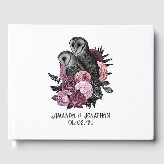 Mauve Floral Glam Gothic Owls Wedding Gastenboek (Voorkant)