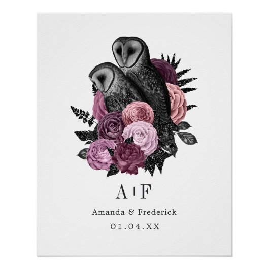 Mauve Floral Glam Gothic Owls Wedding Perfect Poster (Voorkant)
