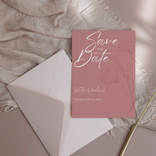 Mauve Floral Line Art Wedding Save the Date