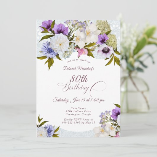 Mauve Floral Oma's Garden 80th Kaart (Staand voorkant)