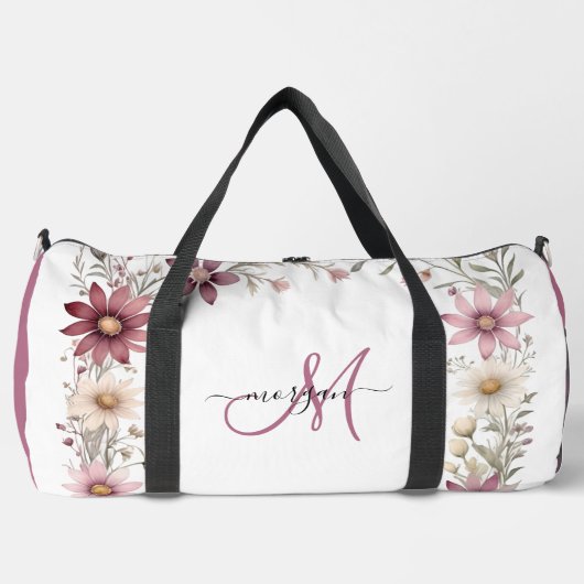 Mauve Floral Personalized Gym Duffel Bag Plunjezak (Voorkant)