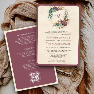 Mauve Floral QR Code Anand Karaj Sikh Bruiloft Kaart