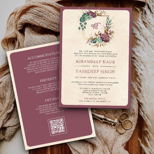Mauve Floral QR Code Anand Karaj Sikh Bruiloft Kaart