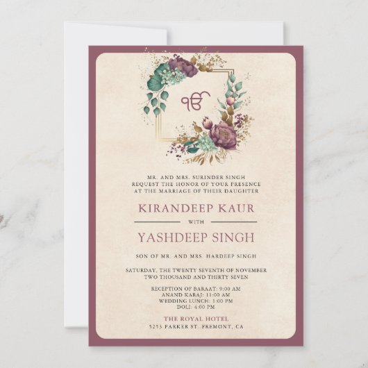 Mauve Floral QR Code Anand Karaj Sikh Bruiloft Kaart (Voorkant)