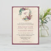 Mauve Floral QR Code Anand Karaj Sikh Bruiloft Kaart (Staand voorkant)