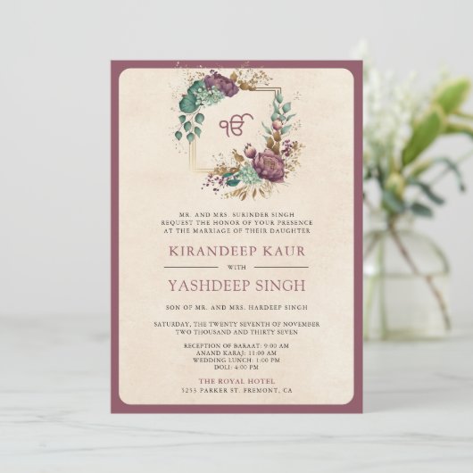Mauve Floral QR Code Anand Karaj Sikh Bruiloft Kaart (Staand voorkant)
