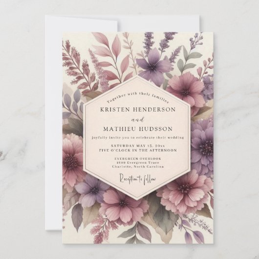 Mauve Floral Romance Wedding Kaart (Voorkant)