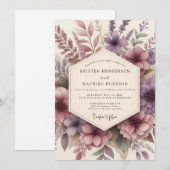 Mauve Floral Romance Wedding Kaart (Voorkant / Achterkant)