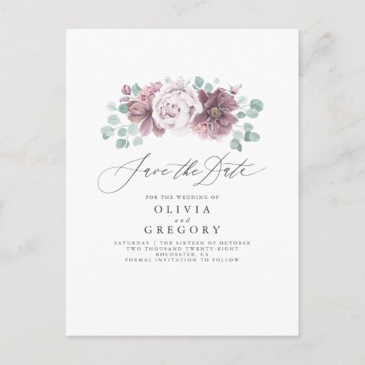 Mauve Floral Save The Date Aankondigingskaart (Voorkant)
