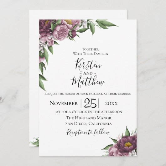 Mauve Floral Wedding Invitation Kaart (Voorkant / Achterkant)