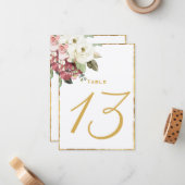 Mauve Florals Luxe Gold Edge-tabelnummer Notitiekaartje (Voorkant / Achterkant in situ)