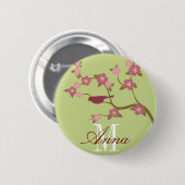 Mauve Flower Bird Custom Name Button Green (Voorkant /achterkant)